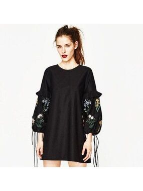 Zara Black Floral Embroidery Balloon Sleeve Dress Medium